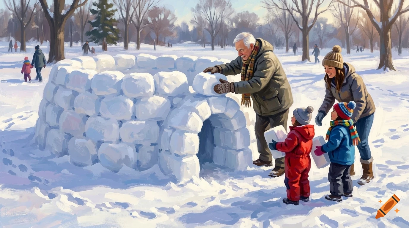 An elderly man, a woman, and two children build a snow igloo in a snowy park with bare trees in the background.