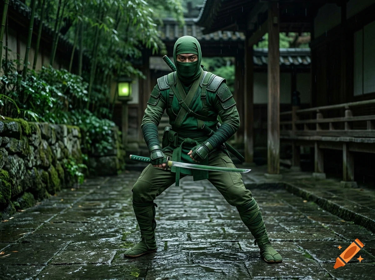 A ninja dressed entirely in green armor and hood, crouching with a sword in hand on a stone path in a traditional Japanese courtyard.