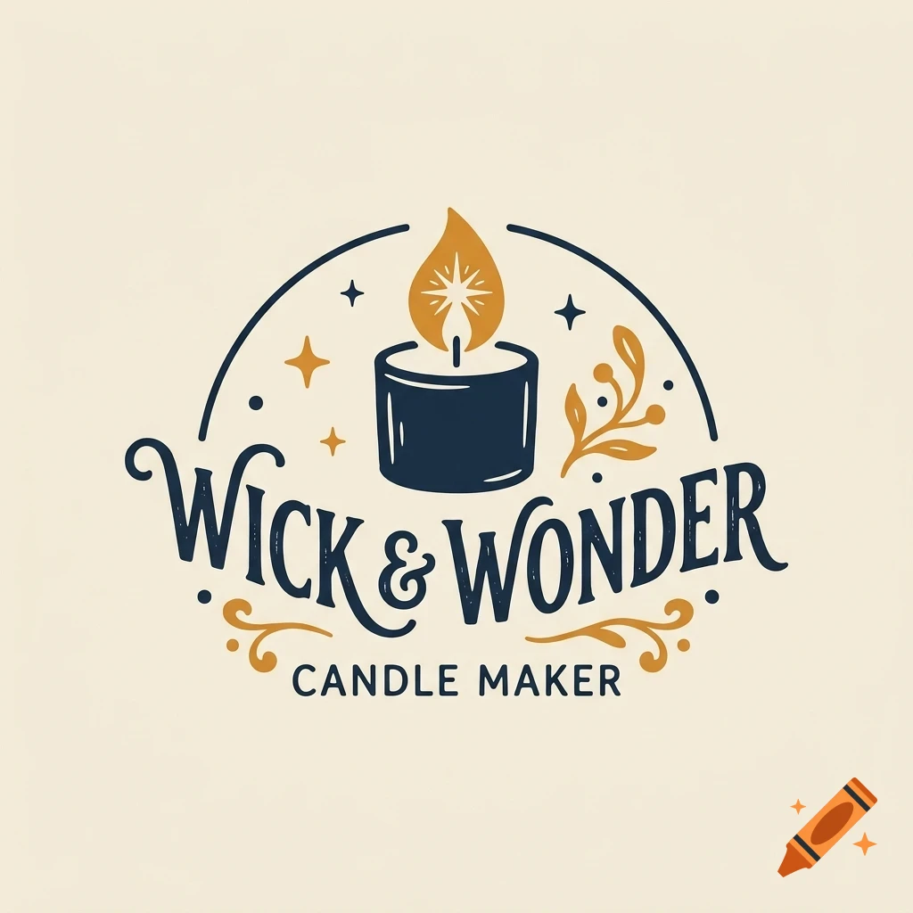 A logo for Wick & Wonder Candle Maker featuring a lit candle, stars, and botanical elements.