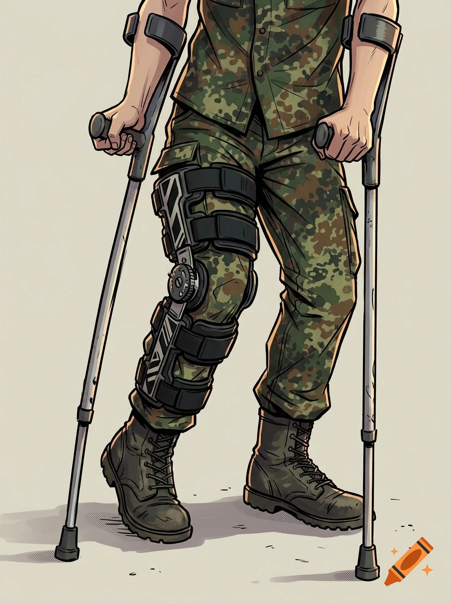 Comic-style illustration of a person in camouflage pants wearing a knee brace and using two crutches.