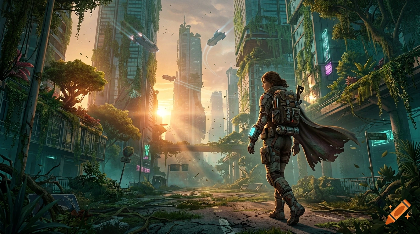 Concept art of a solitary explorer walking through a futuristic overgrown megalopolis at sunset.
