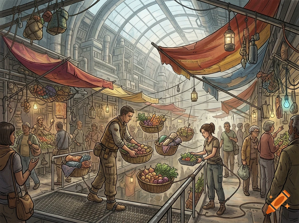 An illustrated bustling market under a large arched glass ceiling with people shopping and vendors selling goods from baskets and stalls.