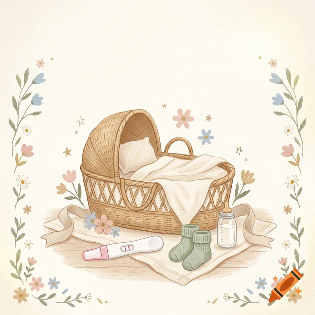 Naive illustration of a wicker bassinet, baby socks, a positive pregnancy test, and a baby bottle surrounded by flowers.