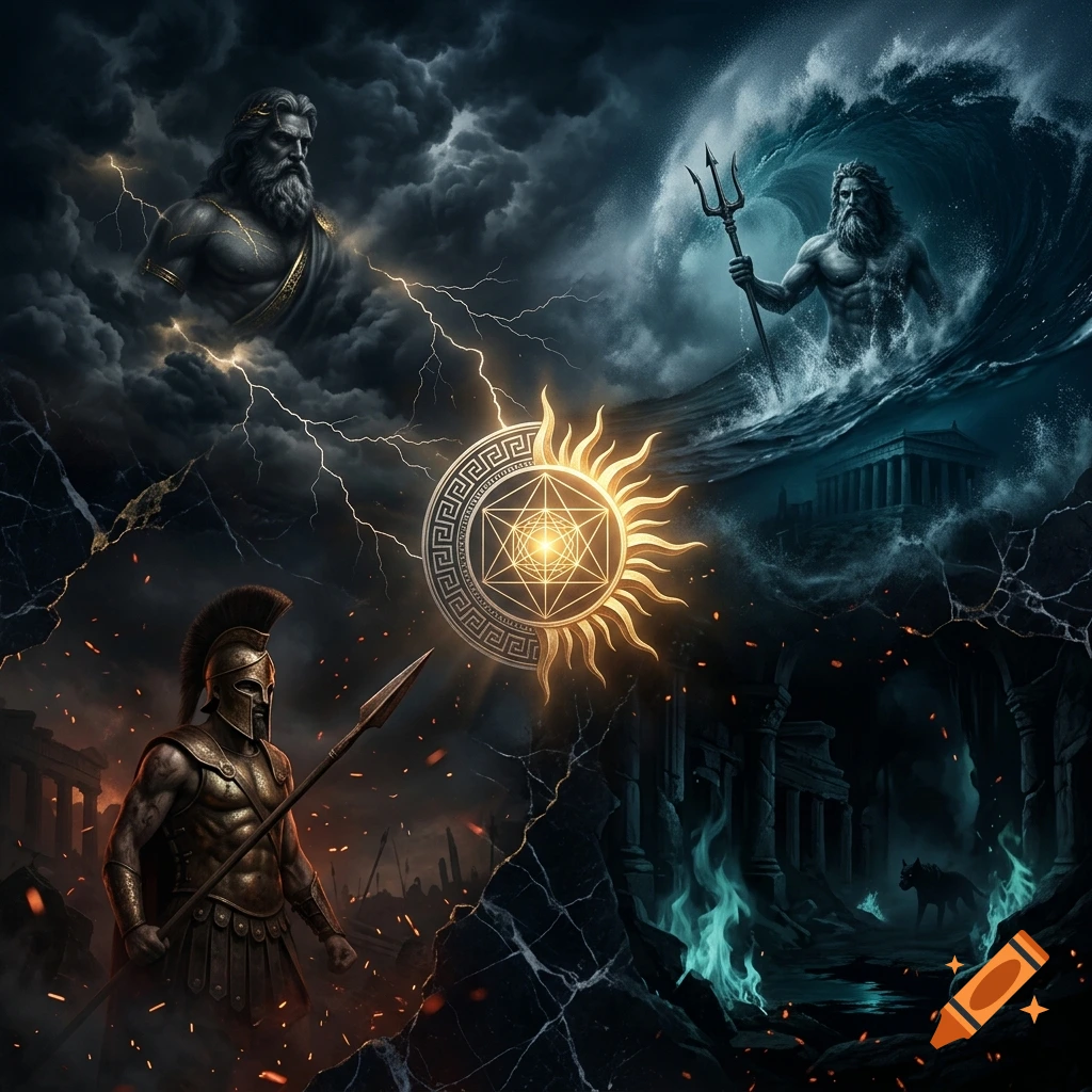 Digital art illustration dividing four quadrants representing Greek gods Zeus, Poseidon, Ares, and Hades with a glowing symbol in the center.