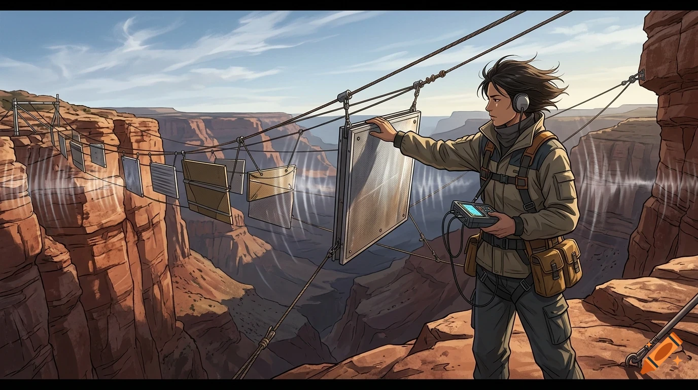 An illustrated person standing on a rocky cliff edge, touching a suspended panel connected to cables across a canyon with visible sound waves.
