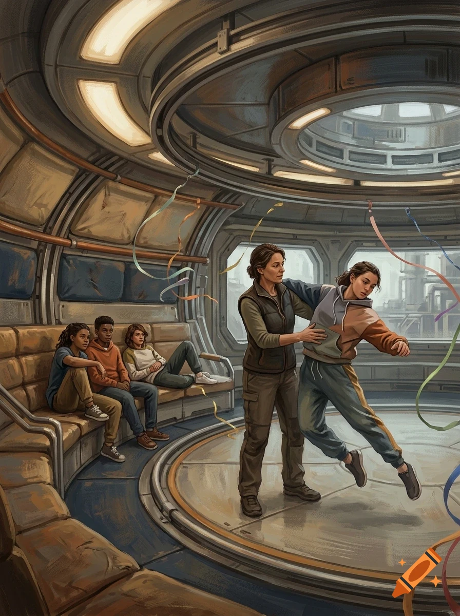 An adult woman assists a younger person dancing in a futuristic spacecraft cabin, with three other people watching from a bench.
