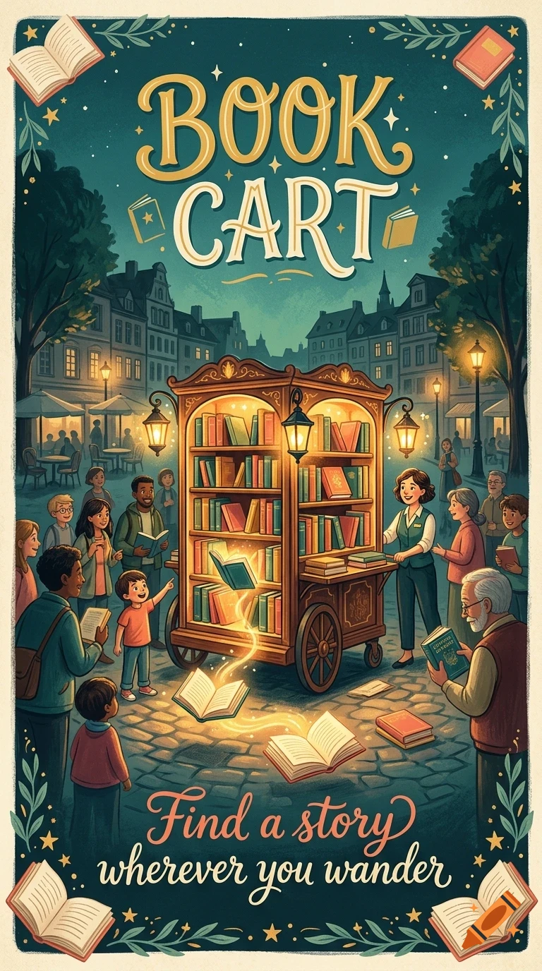 An illustration of a magical book cart on a cobblestone street at night, surrounded by people reading books, with the text BOOK CART at the top.