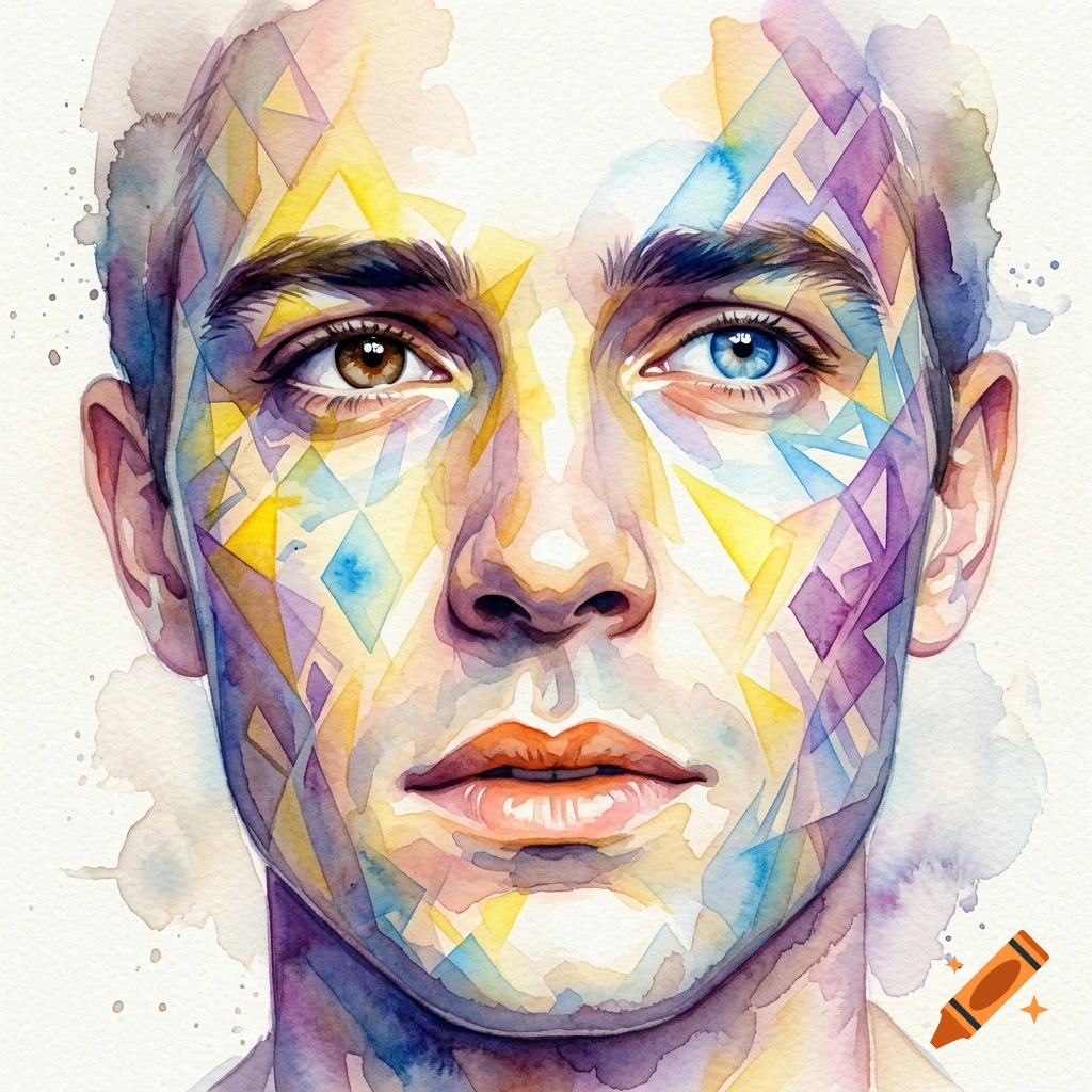 Close-up watercolor portrait of a man's face with geometric patterns and heterochromia.
