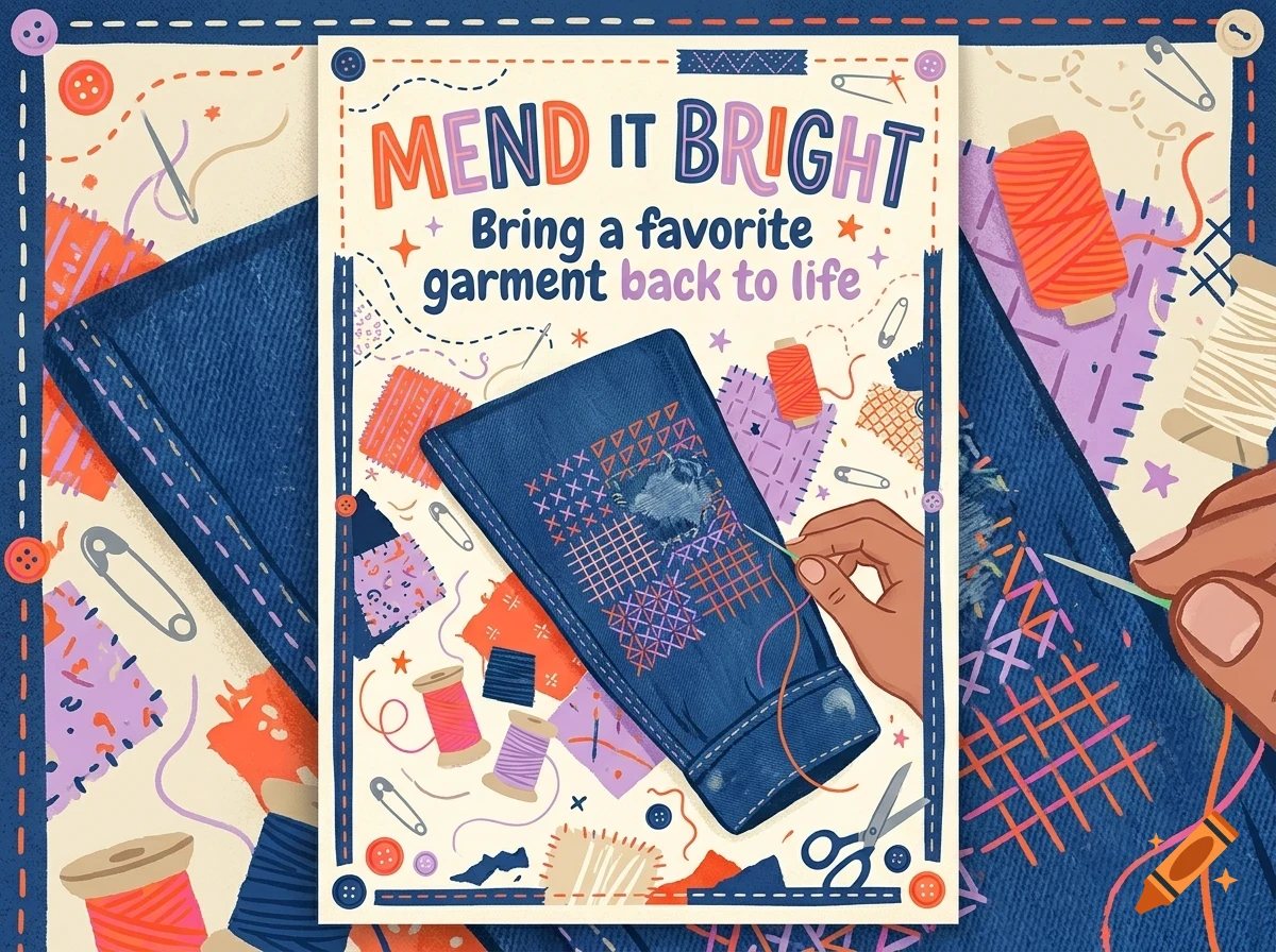 An illustrated poster titled MEND IT BRIGHT featuring sewing supplies, patches, and fabric mending.