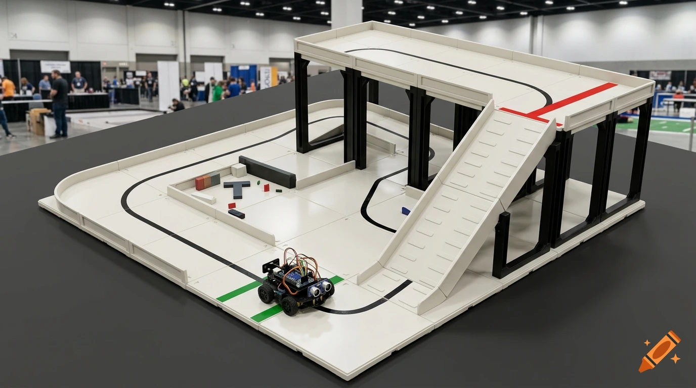 Photorealistic isometric view of a modular RoboCup Junior Rescue Line competition arena with a small DIY robot.