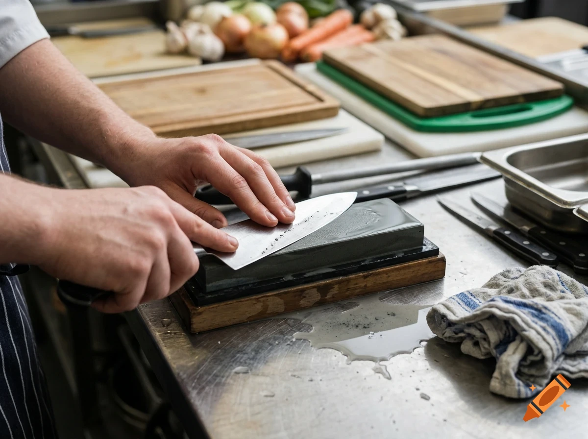 A chef sharpening a kitchen knife on a whetstone in a commercial kitchen.