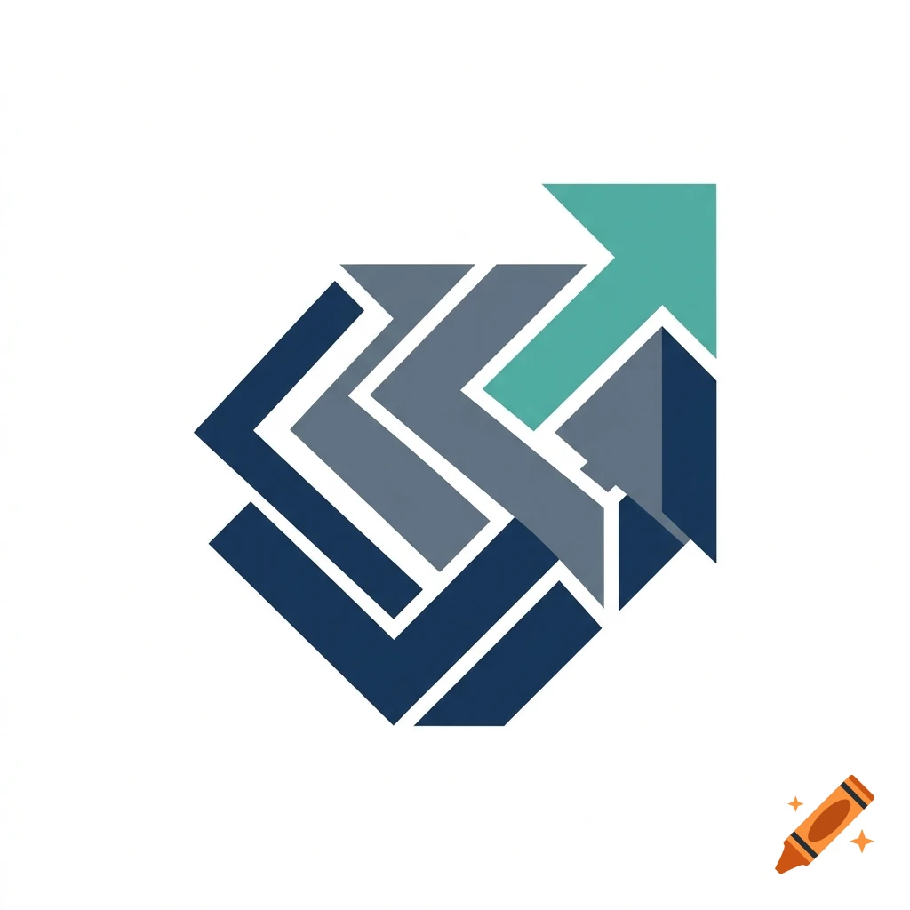 Abstract geometric logo featuring interlocking blue shapes and a teal arrow pointing upwards on a white background.