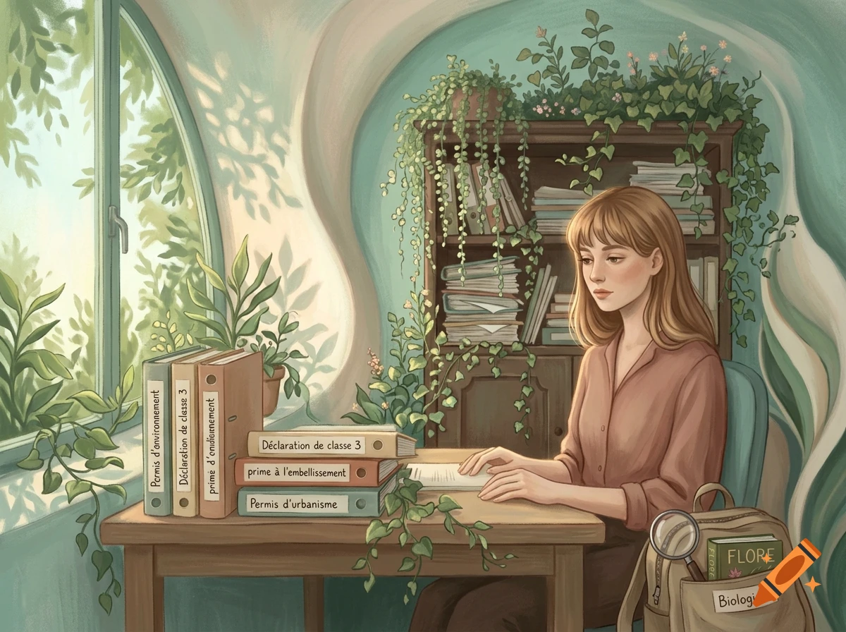 An illustration of a young woman sitting at a wooden desk surrounded by indoor plants, with folders and a backpack nearby.