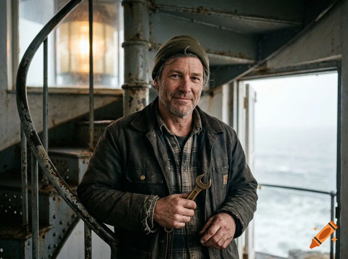 A mature man wearing a beanie and a jacket holds a wrench inside a lighthouse stairwell.
