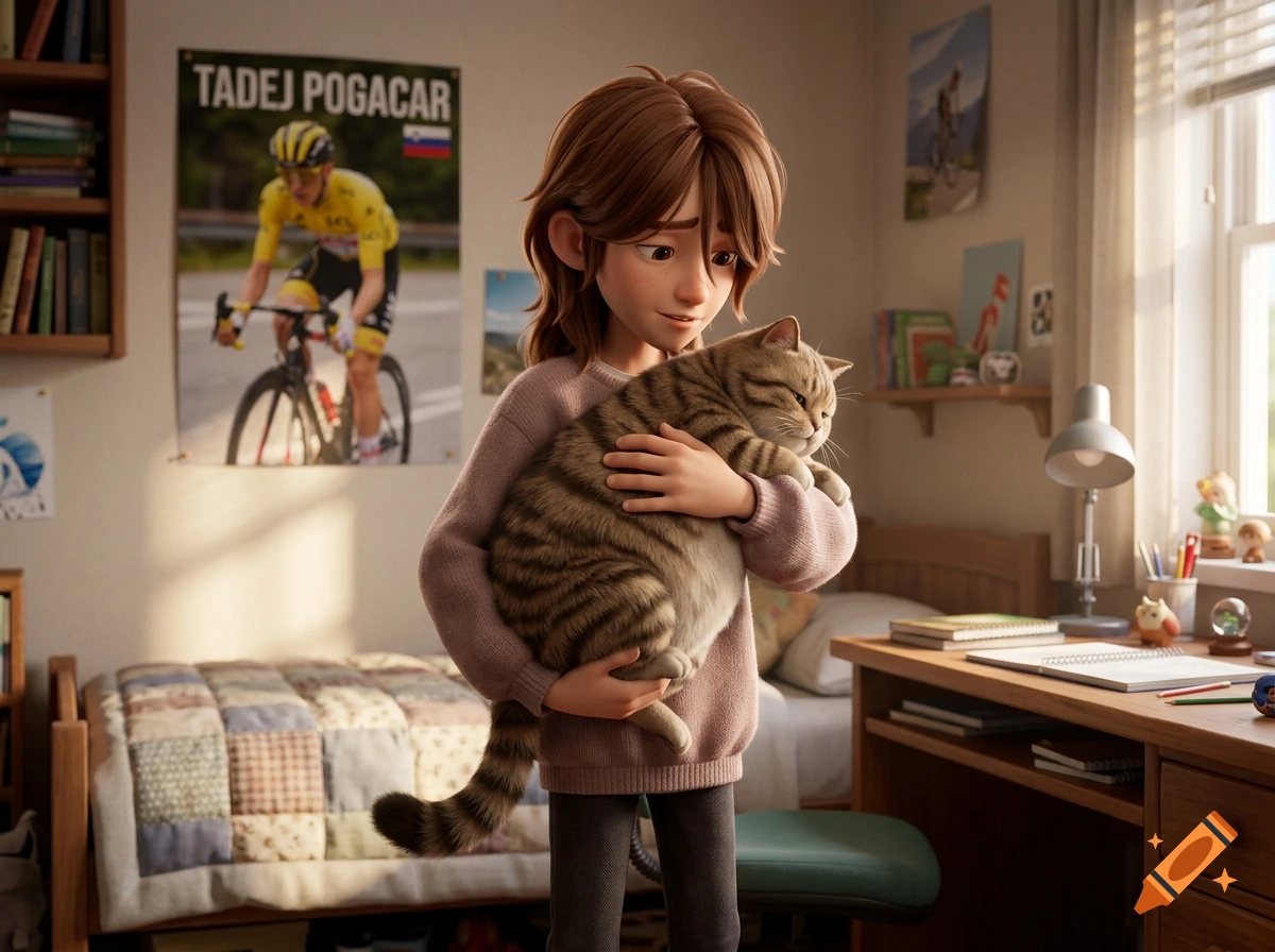 3D animated style scene of a young person holding a chubby tabby cat in a bedroom with a bicycle poster on the wall.