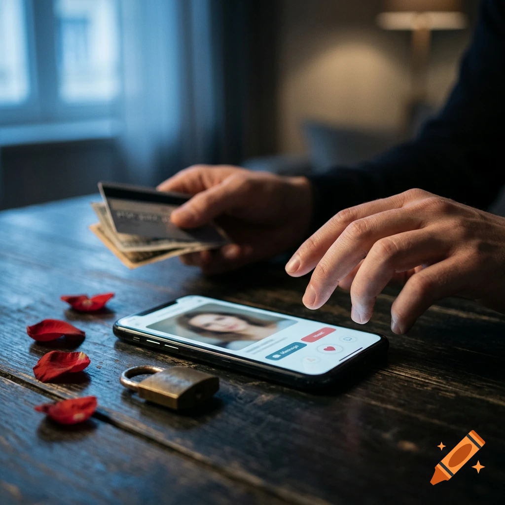 Close-up of hands holding credit cards near a smartphone displaying a dating profile, with rose petals and a padlock on a wooden table.