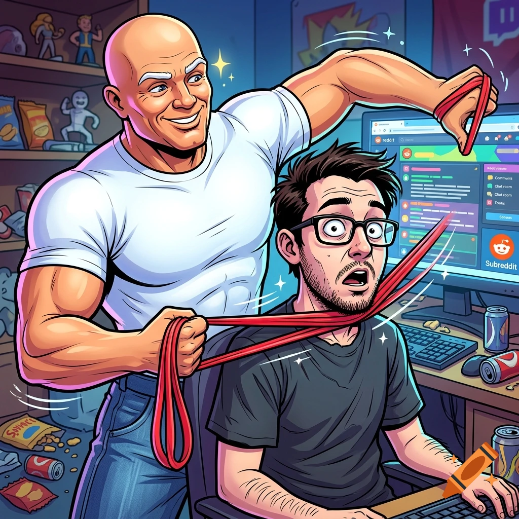 Digital illustration of Mr. Clean standing behind a nervous man at a computer desk, wrapping a red exercise band around his neck.