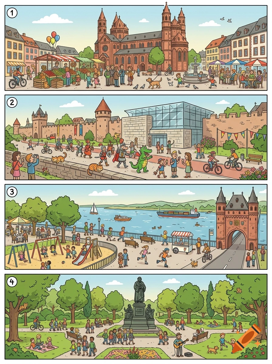 A four-panel comic style hidden object book illustration of Worms city featuring historical landmarks, people, and cats.