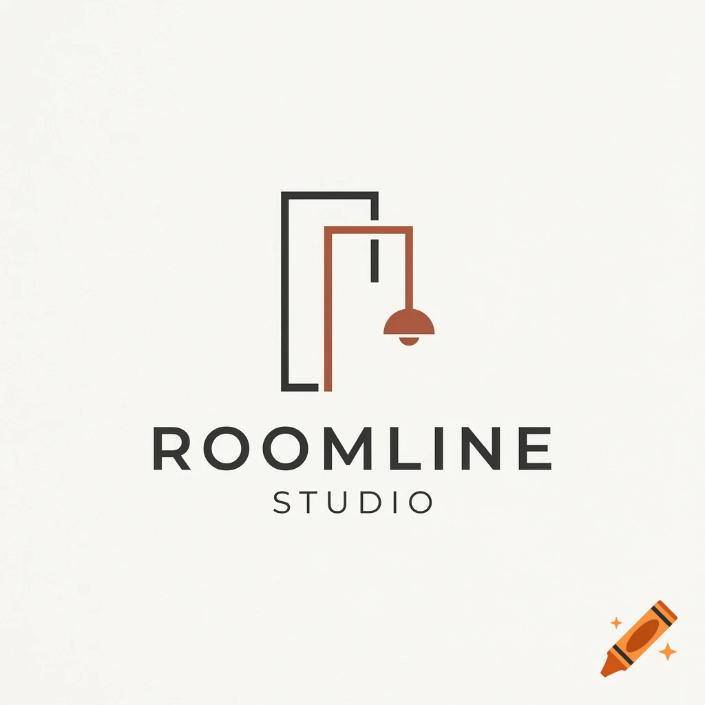 Minimalist logo for Roomline Studio featuring abstract line art of a doorway and a lamp, with the text ROOMLINE STUDIO underneath.