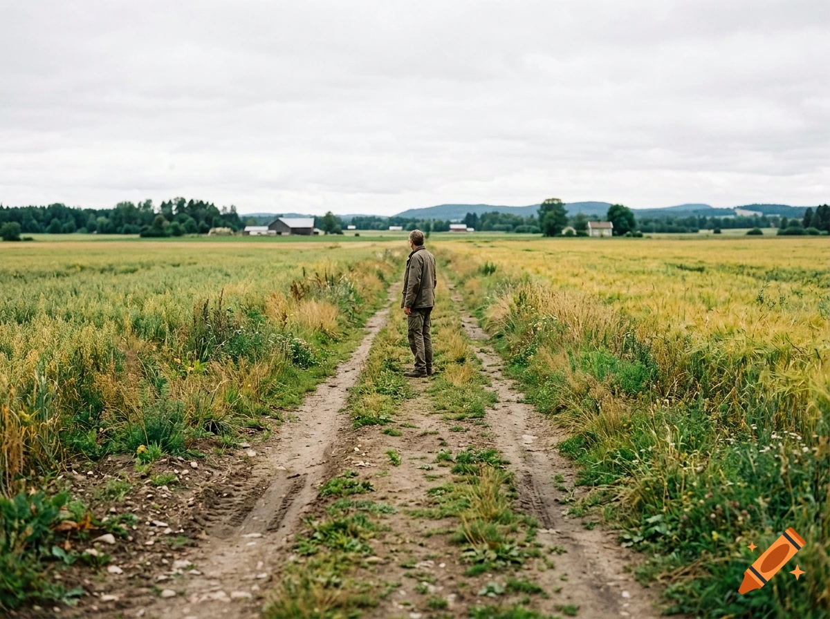 A lone person stands on a dirt path running through fields under an overcast sky, photorealistic style.