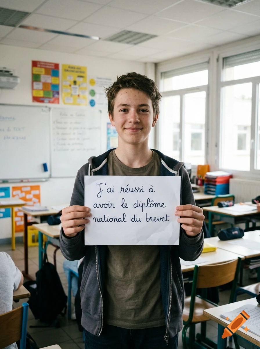 A teenage boy smiling in a classroom while holding up a handwritten sign in French.