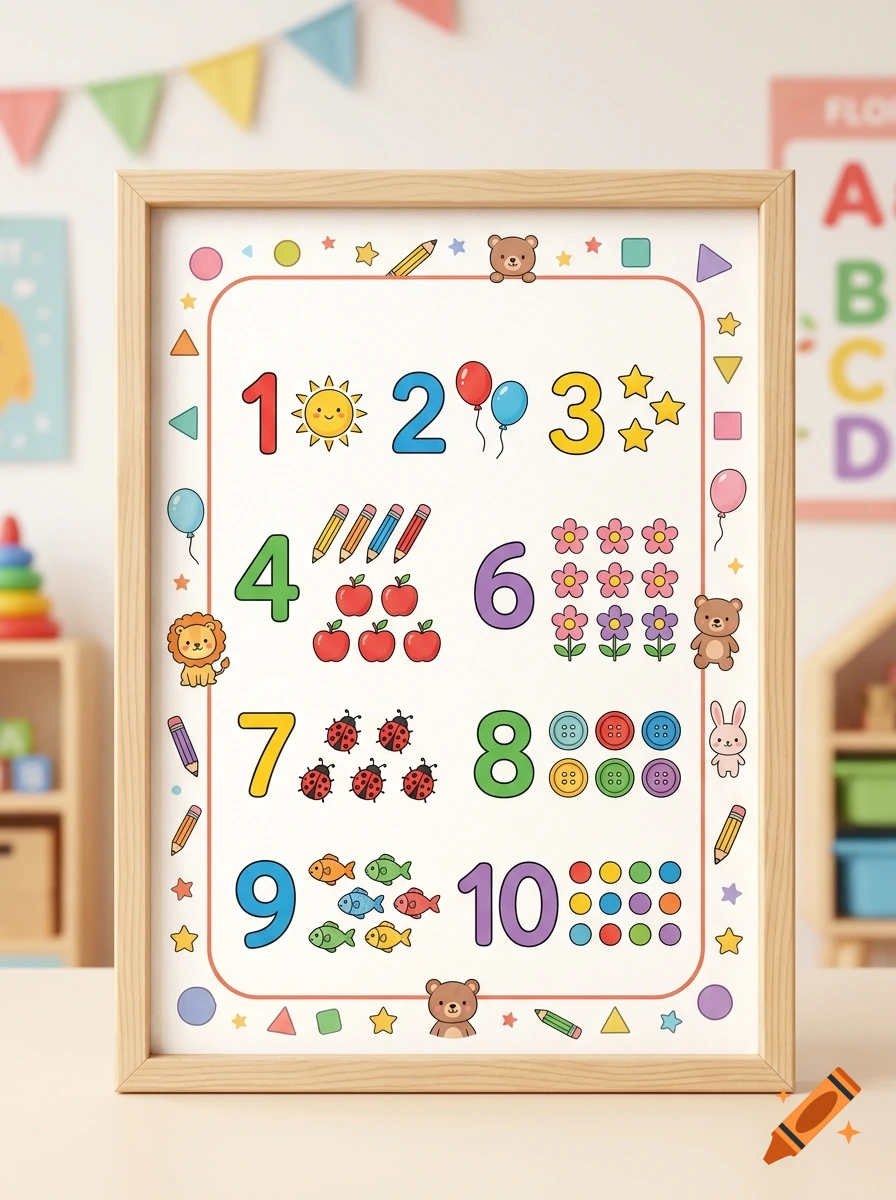 A wooden framed educational poster on a table showing numbers one to ten with colorful illustrations, set in a playroom.