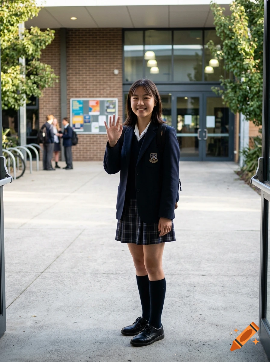 Photorealistic full-body shot of a smiling teenage girl in a school uniform waving outside a building.