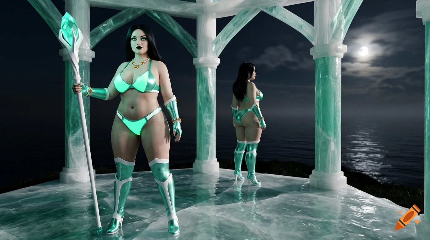 Plus size fantasy sorceress holding a glowing staff with her identical twin in a crystal pavilion at night, photorealistic.