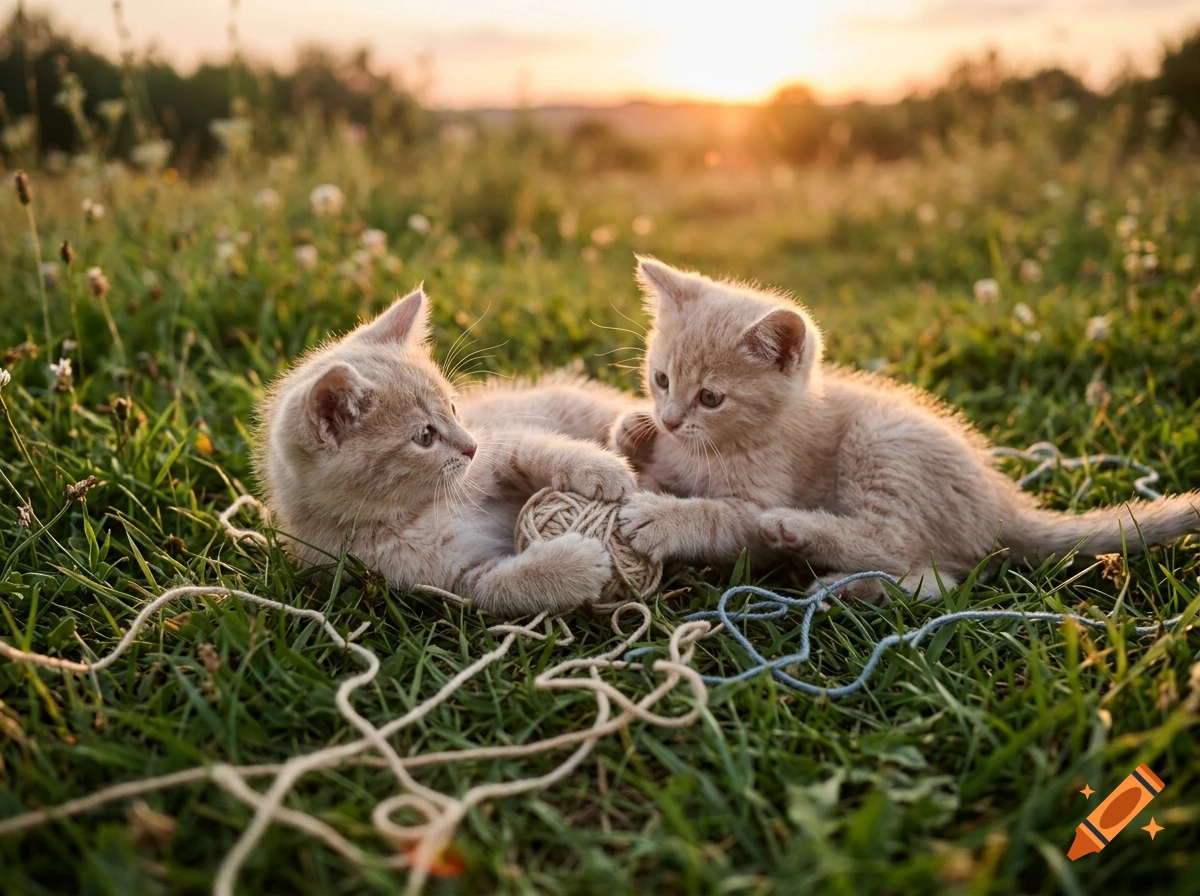 Photorealistic image of two beige kittens playing with a ball of yarn in a grassy field during sunset.