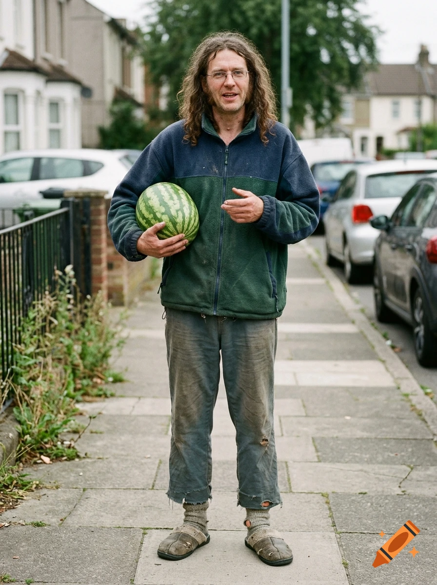 Photorealistic full-body portrait of a tall, disheveled man holding a watermelon on a city sidewalk.