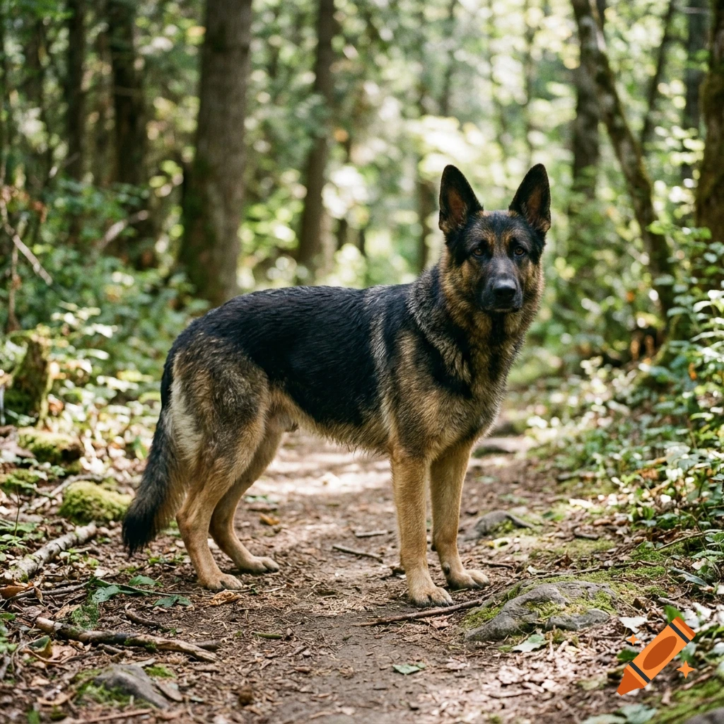 Photorealistic image of a German Shepherd standing on a dirt path in a lush green forest.
