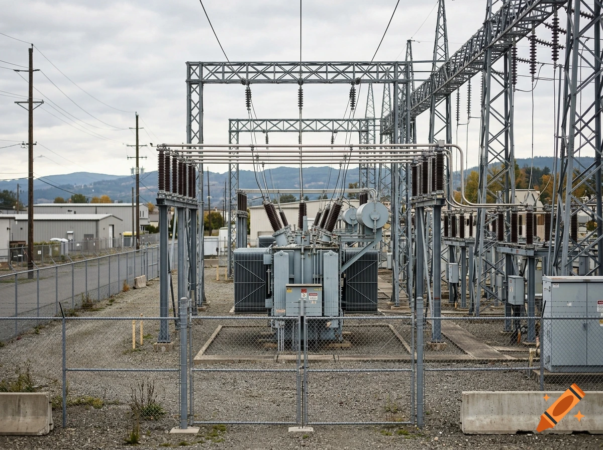 Photorealistic view of an outdoor electrical substation with transformers, metal pylons, and chain-link fence.