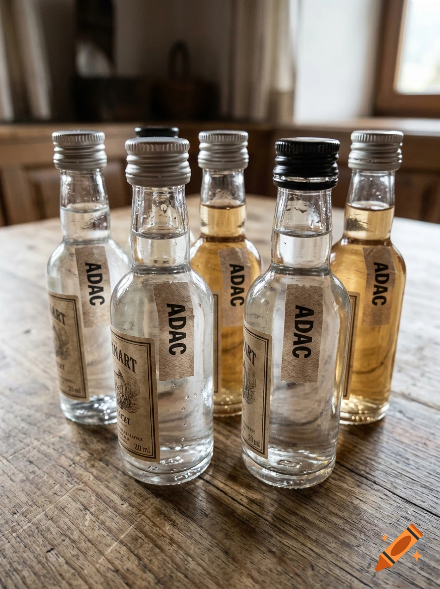 several small miniature schnapps bottles with ADAC labels standing on a wooden table, photorealistic