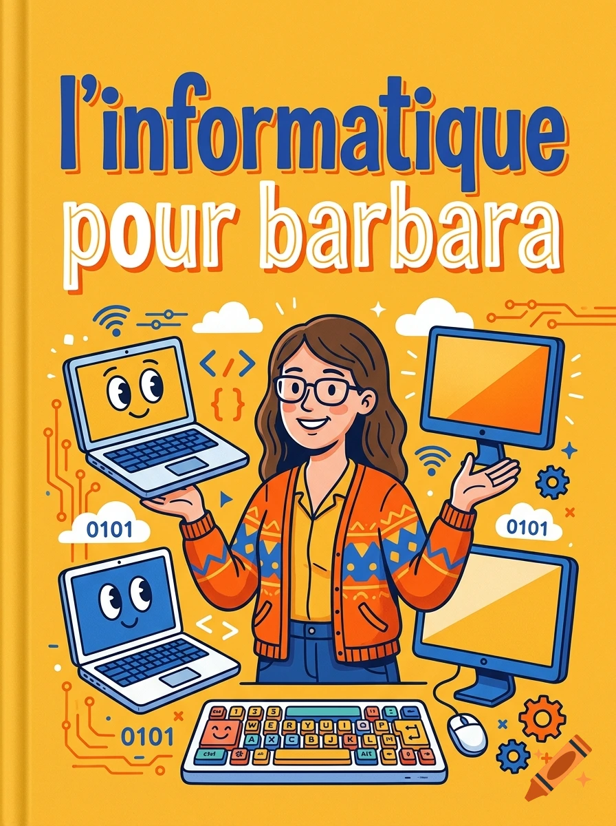Illustration of a woman smiling while holding laptops and surrounded by computer equipment, with French text at the top.