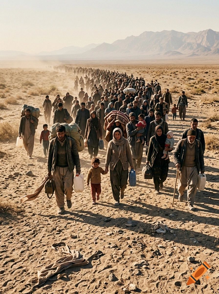 Photorealistic image of a large crowd of people walking across a barren, dusty desert landscape with mountains in the background.