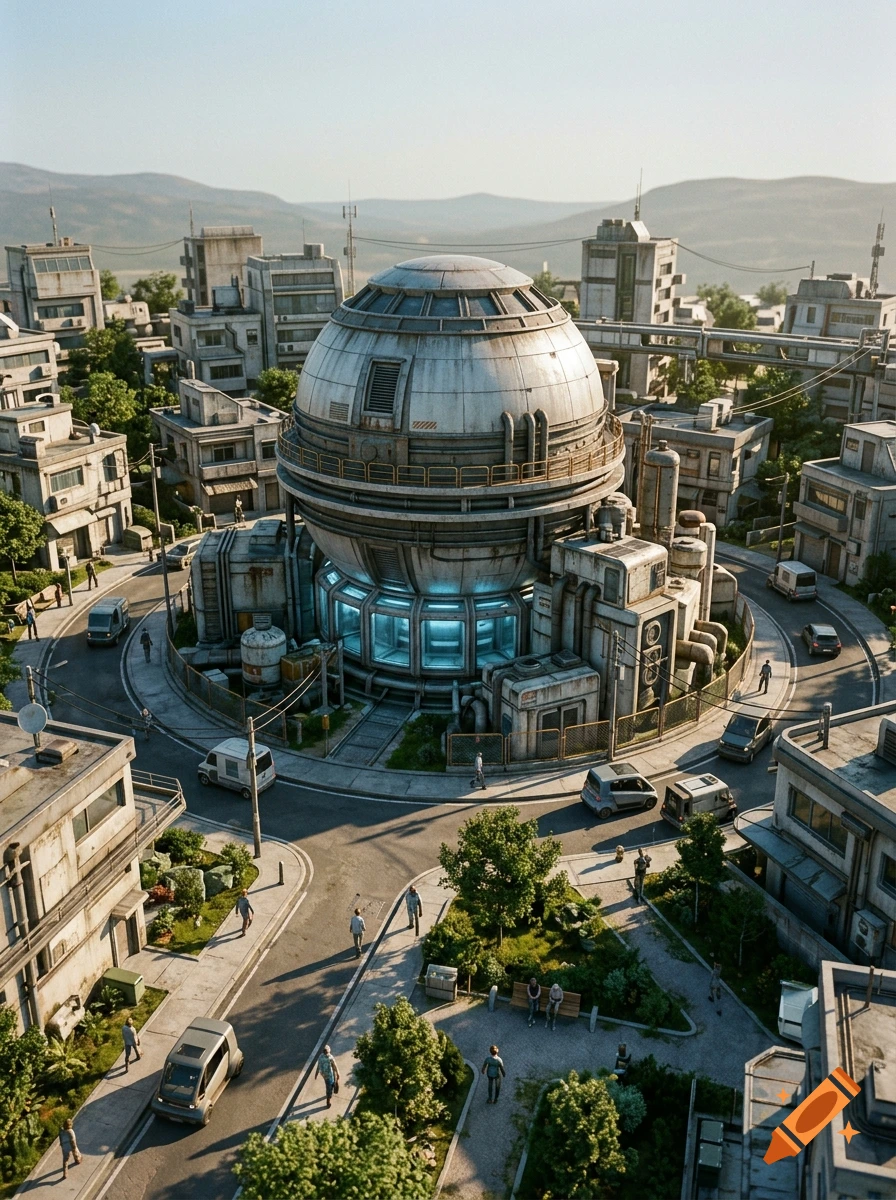 High-angle photorealistic view of a futuristic city with a large spherical atomic building at the center, surrounded by roads and pedestrians.