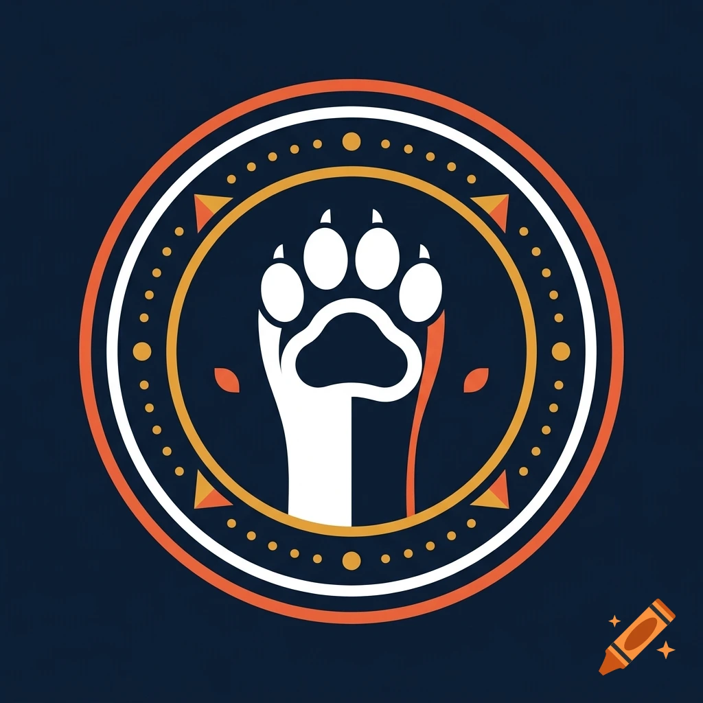 A circular graphic logo featuring a white paw print with distinct toes on a dark blue background.