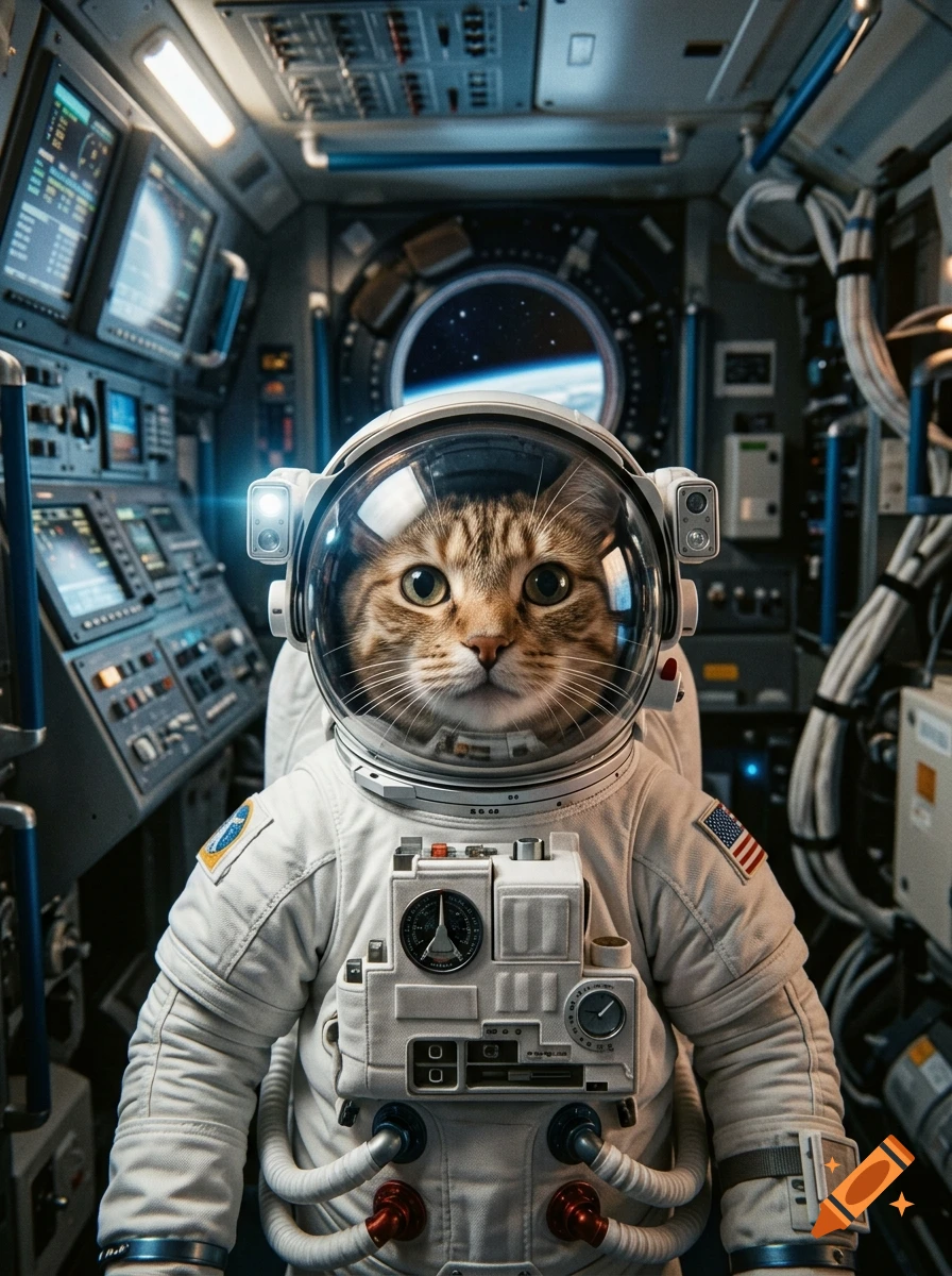 A photorealistic close-up of a tabby cat wearing an astronaut suit inside a spaceship control room.