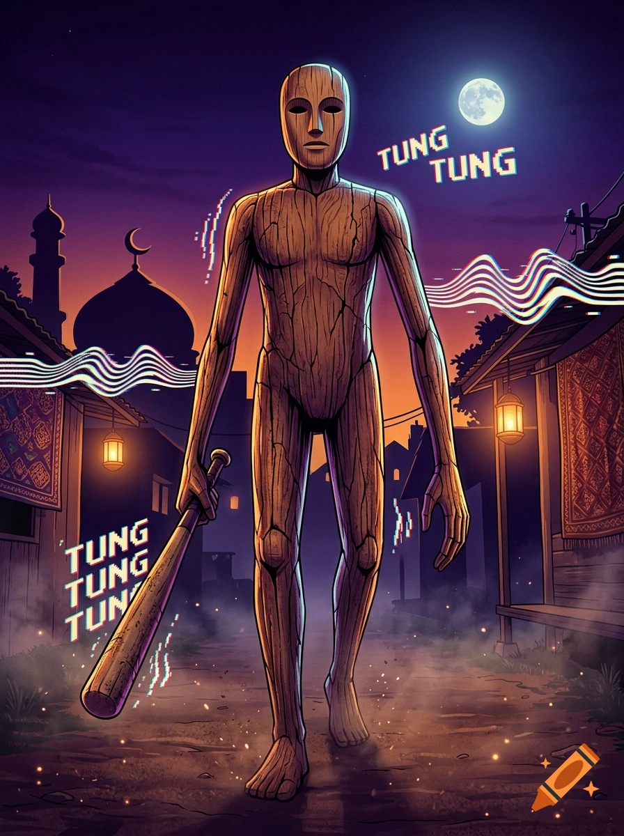 Surreal retro digital art of a tall wooden humanoid creature walking down a street at night holding a bat, with 'tung tung' text elements.