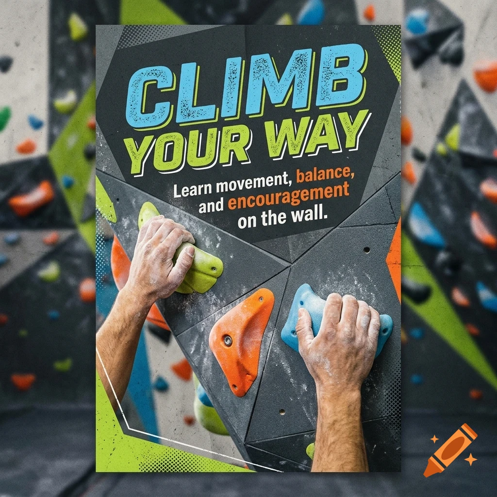 A poster with the text CLIMB YOUR WAY, showing a person's hands gripping holds on an indoor climbing wall.