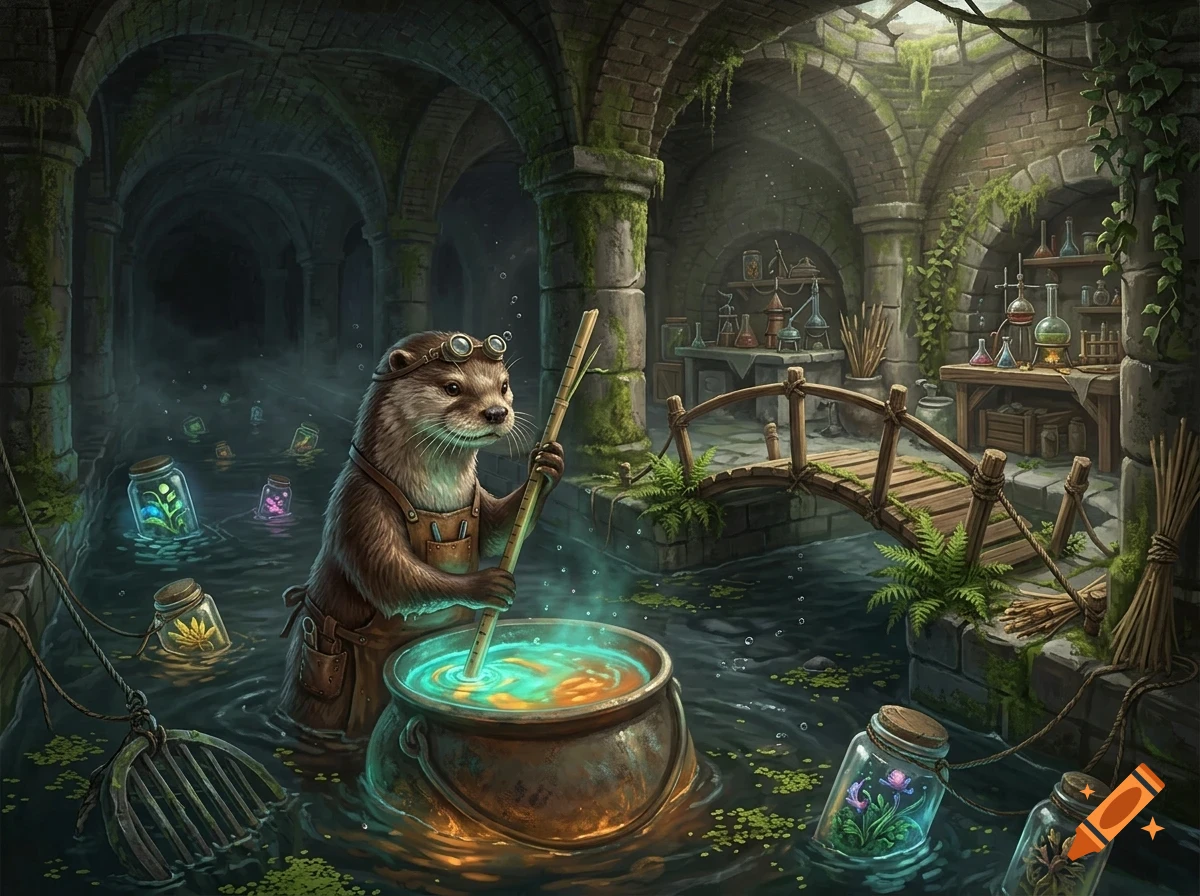 An anthropomorphic otter wearing goggles and an apron stirs a glowing cauldron in a stone sewer alchemy lab.