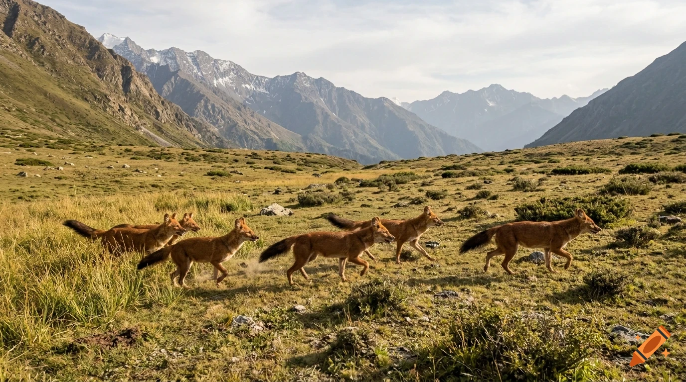 A pack of wild dholes running across a grassy valley with mountains in the background.