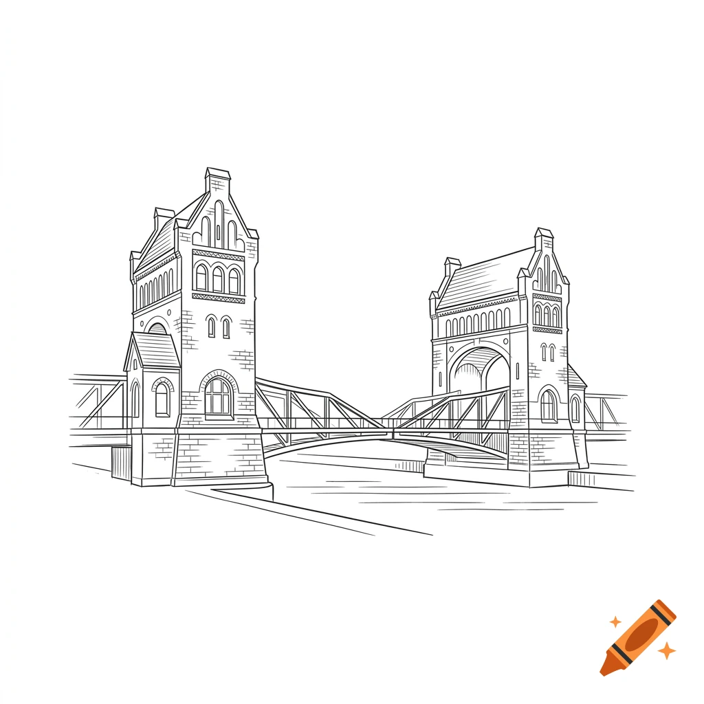 Minimalist black and white hand-drawn sketch of a historic drawbridge with two towers.