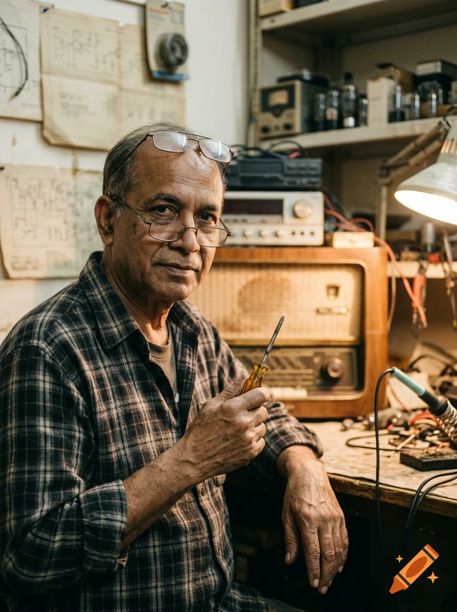 An older man wearing glasses and a plaid shirt holds a screwdriver in a workshop with electronic equipment.