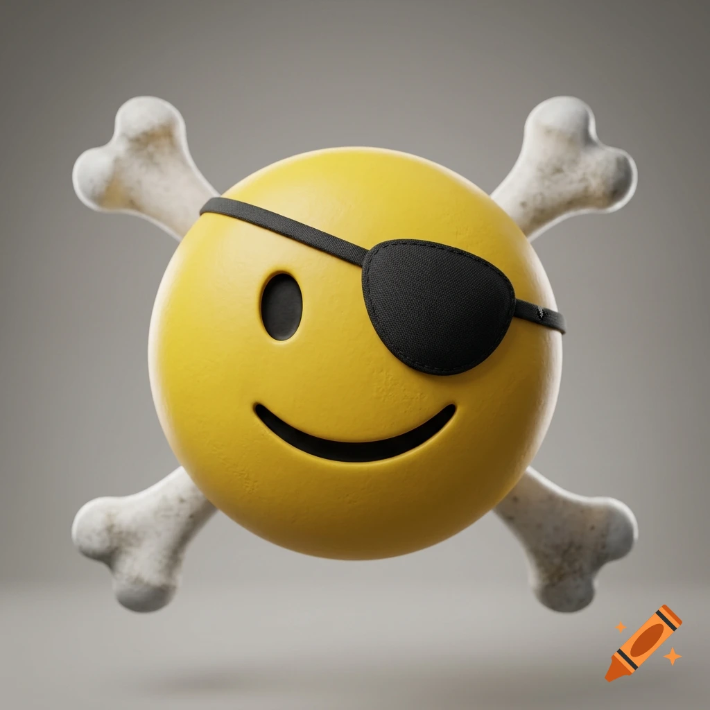 3D render of a yellow smiley face wearing a black eye patch with crossed bones behind it on a gray background.