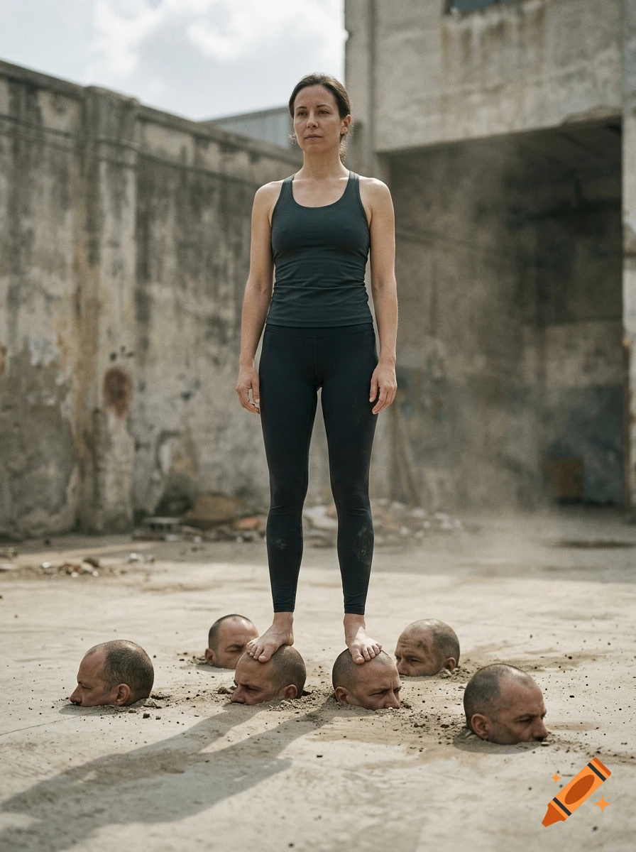 Photorealistic image of a woman in black leggings standing on the heads of several men half-buried in concrete.