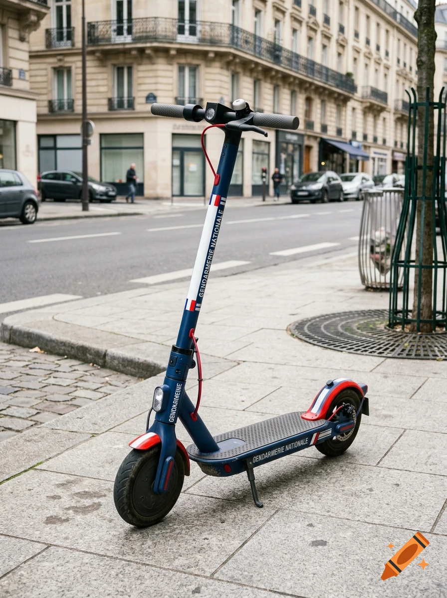 A blue and red electric scooter with 'Gendarmerie Nationale' markings parked on a city sidewalk in Paris.