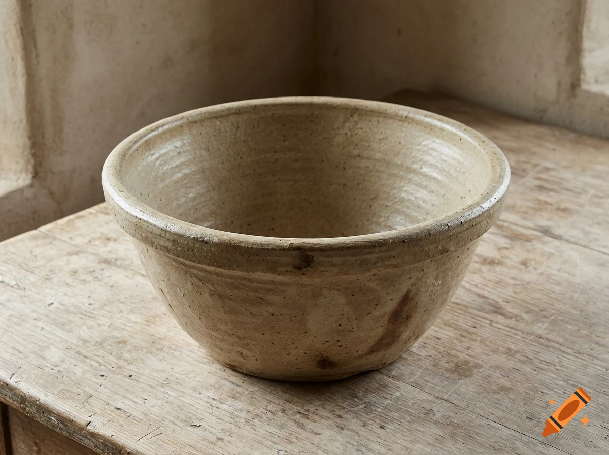 An empty rustic ceramic mixing bowl sits on a wooden table.