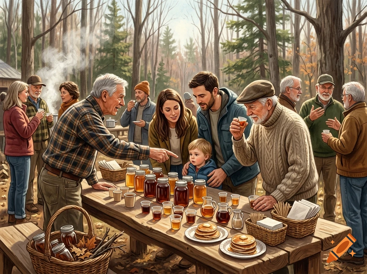 A large group of people gathered outdoors in a forest, tasting maple syrup from small cups at a wooden table loaded with jars, pitchers, and plates of pancakes.