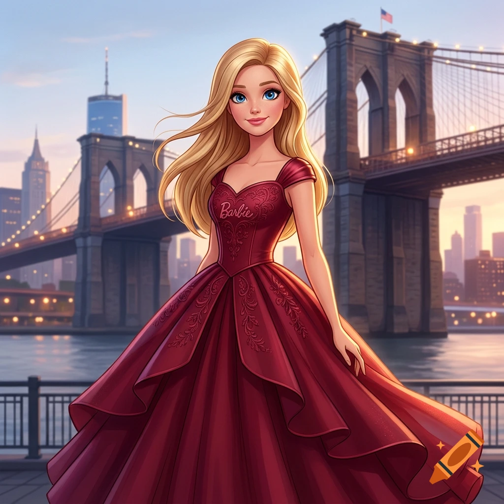 An illustrated blonde woman with blue eyes wearing a dark red princess gown with 'Barbie' text, standing in front of the Brooklyn Bridge at sunset.
